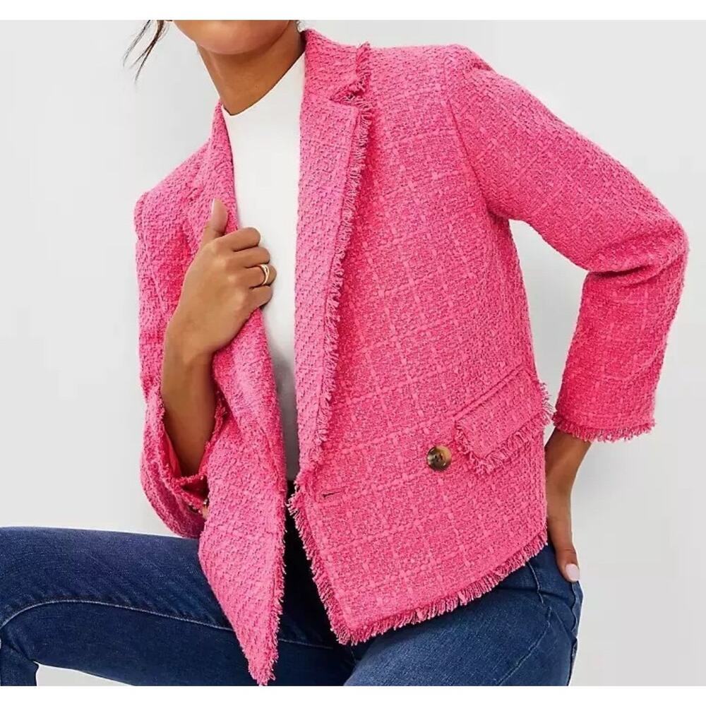 Ann Taylor pink tweed jacket blazer sz 2 bright pink